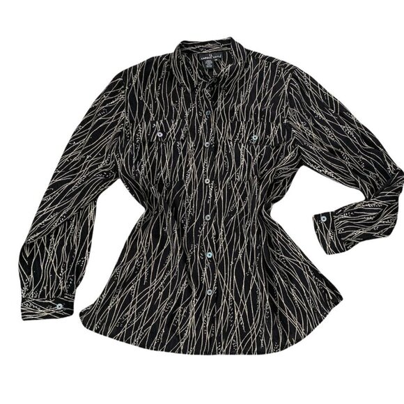 VTG Carole Little Sz 14 Button Front Tunic Blouse Black Silver Metallic #229J - Picture 1 of 8